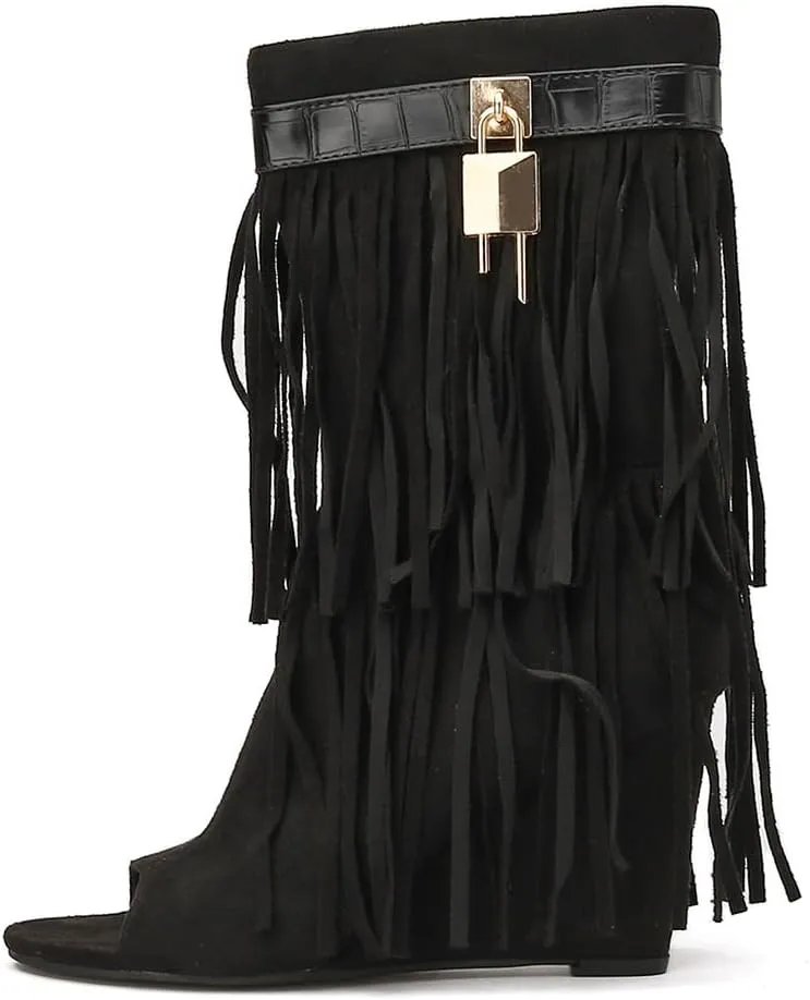 Women Peep Toe Padlock Tassel Boots Wedge Heel Mid Calf Ankle Boots