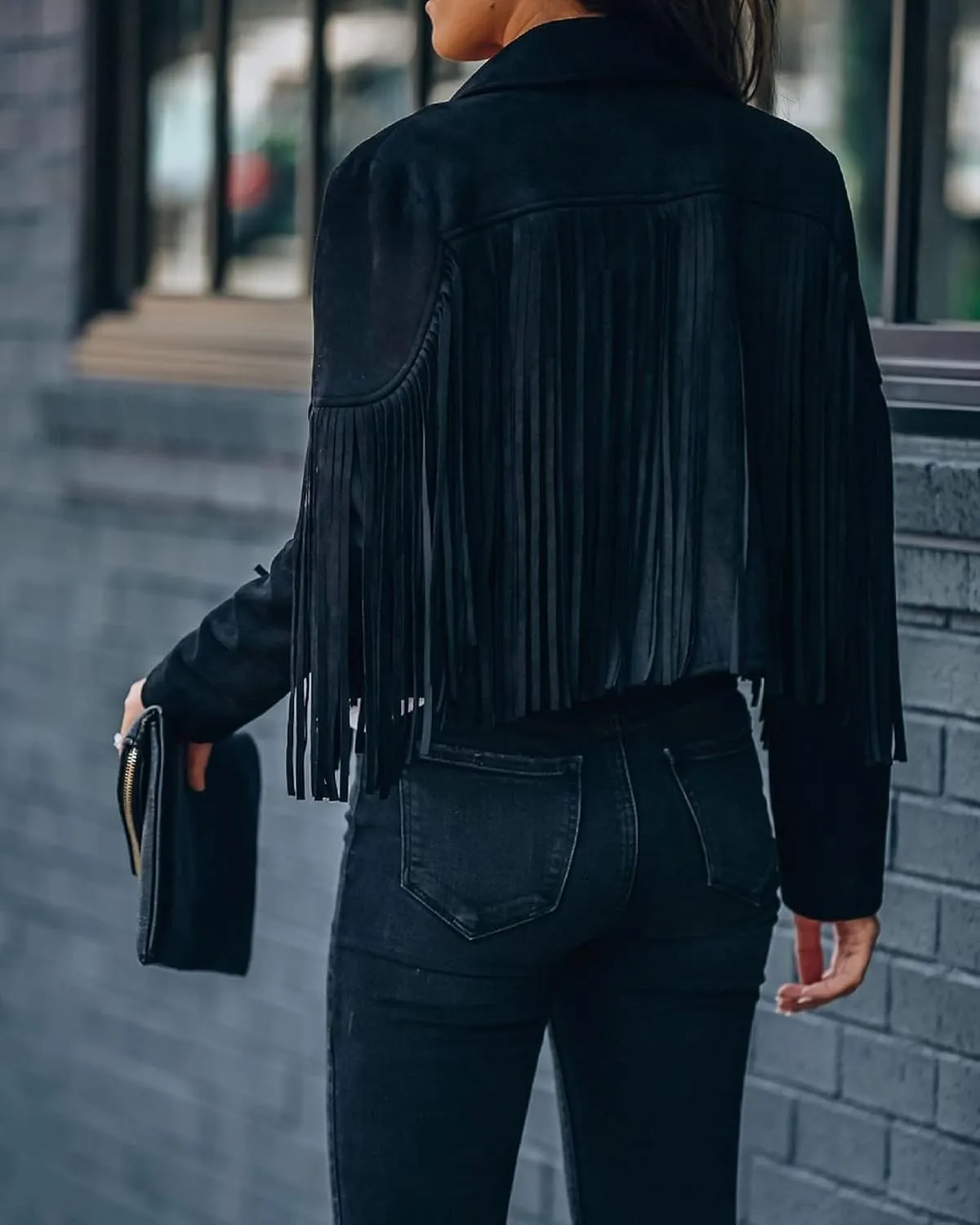 Women 's Cropped Tassel Outwear V Neck Solid Color Jacket Long Sleeve Open Front Cardigan Coat Motorcycle Biker Jacket