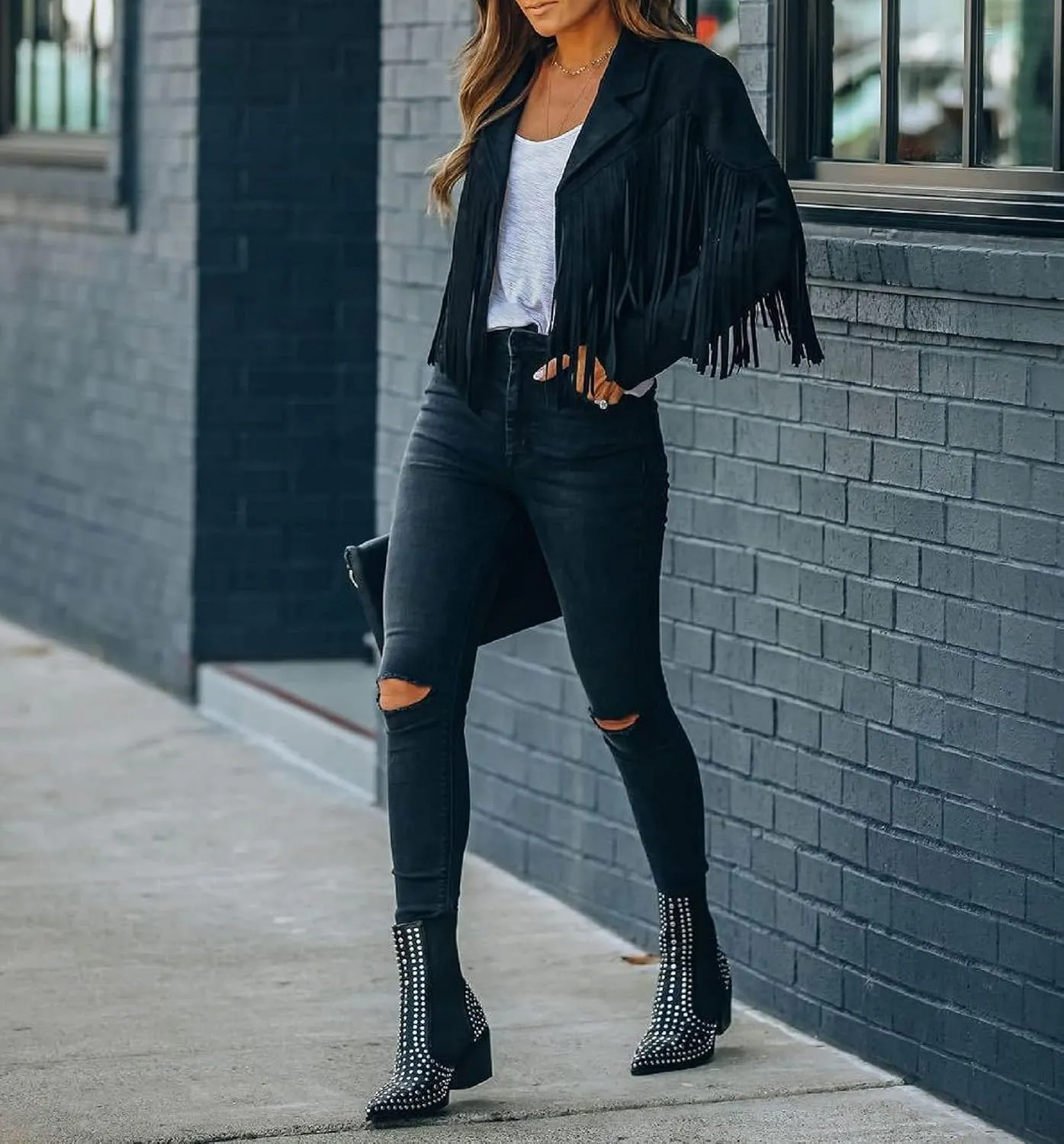 Women 's Cropped Tassel Outwear V Neck Solid Color Jacket Long Sleeve Open Front Cardigan Coat Motorcycle Biker Jacket