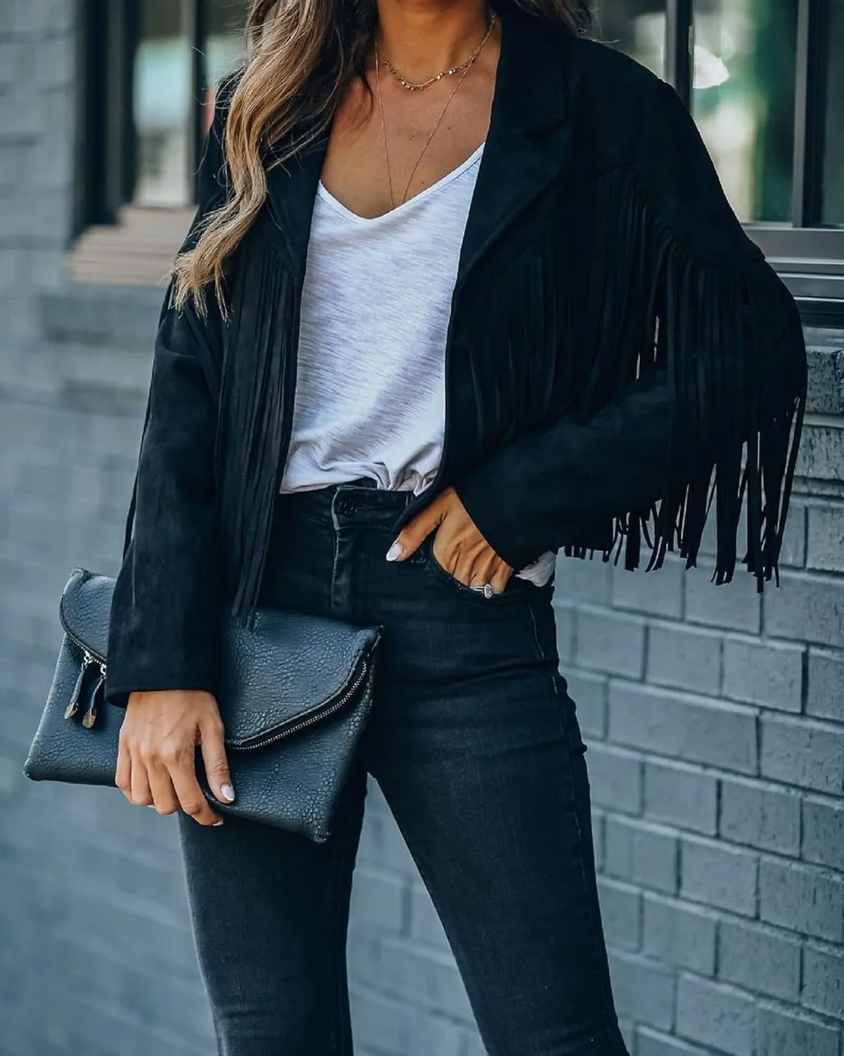 Women 's Cropped Tassel Outwear V Neck Solid Color Jacket Long Sleeve Open Front Cardigan Coat Motorcycle Biker Jacket