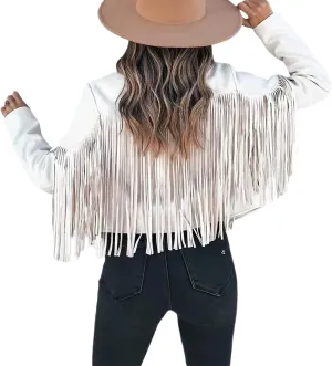 Women 's Cropped Tassel Outwear V Neck Solid Color Jacket Long Sleeve Open Front Cardigan Coat Motorcycle Biker Jacket