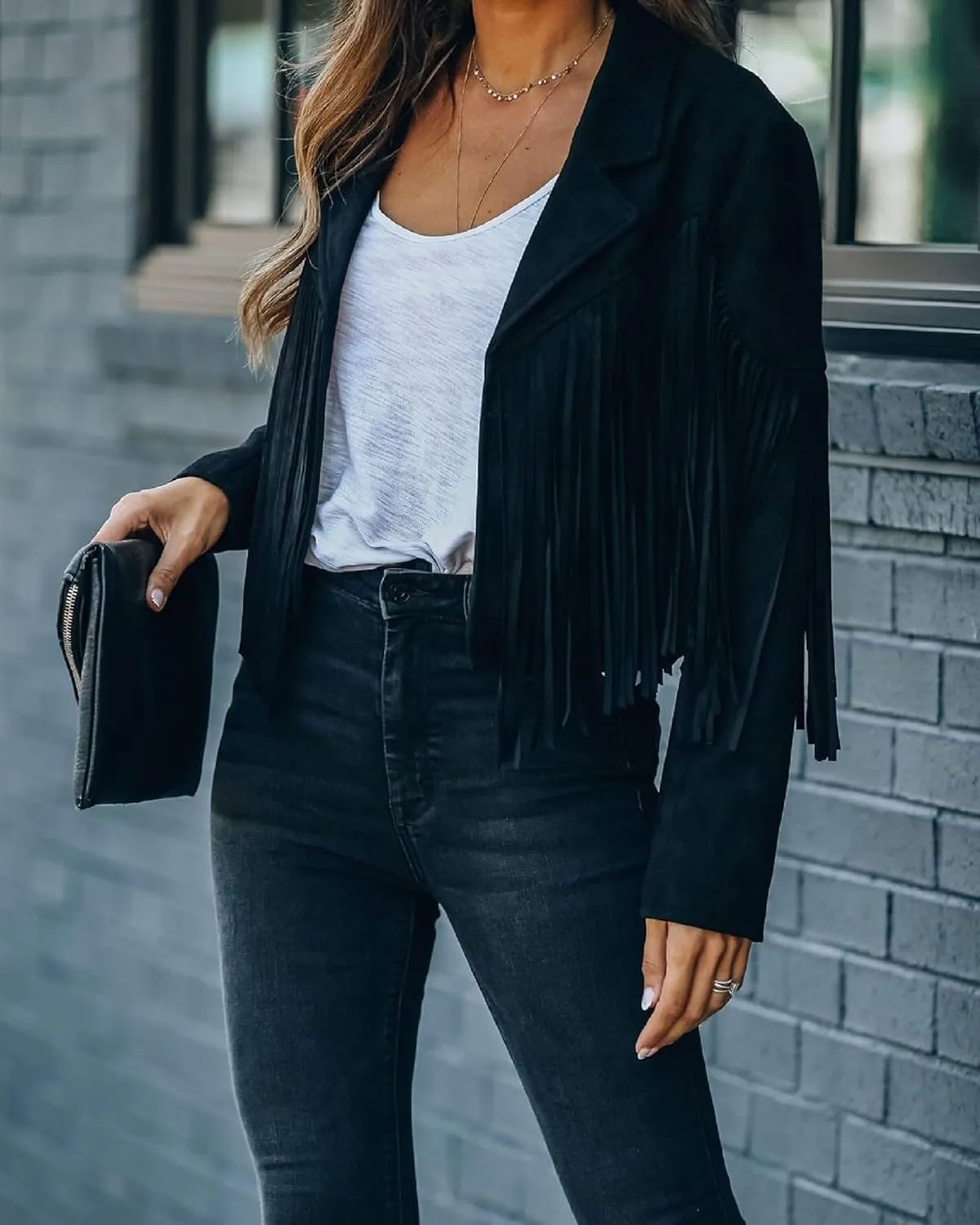 Women 's Cropped Tassel Outwear V Neck Solid Color Jacket Long Sleeve Open Front Cardigan Coat Motorcycle Biker Jacket