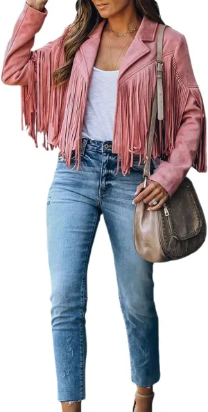 Women 's Cropped Tassel Outwear V Neck Solid Color Jacket Long Sleeve Open Front Cardigan Coat Motorcycle Biker Jacket