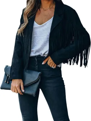 Women 's Cropped Tassel Outwear V Neck Solid Color Jacket Long Sleeve Open Front Cardigan Coat Motorcycle Biker Jacket