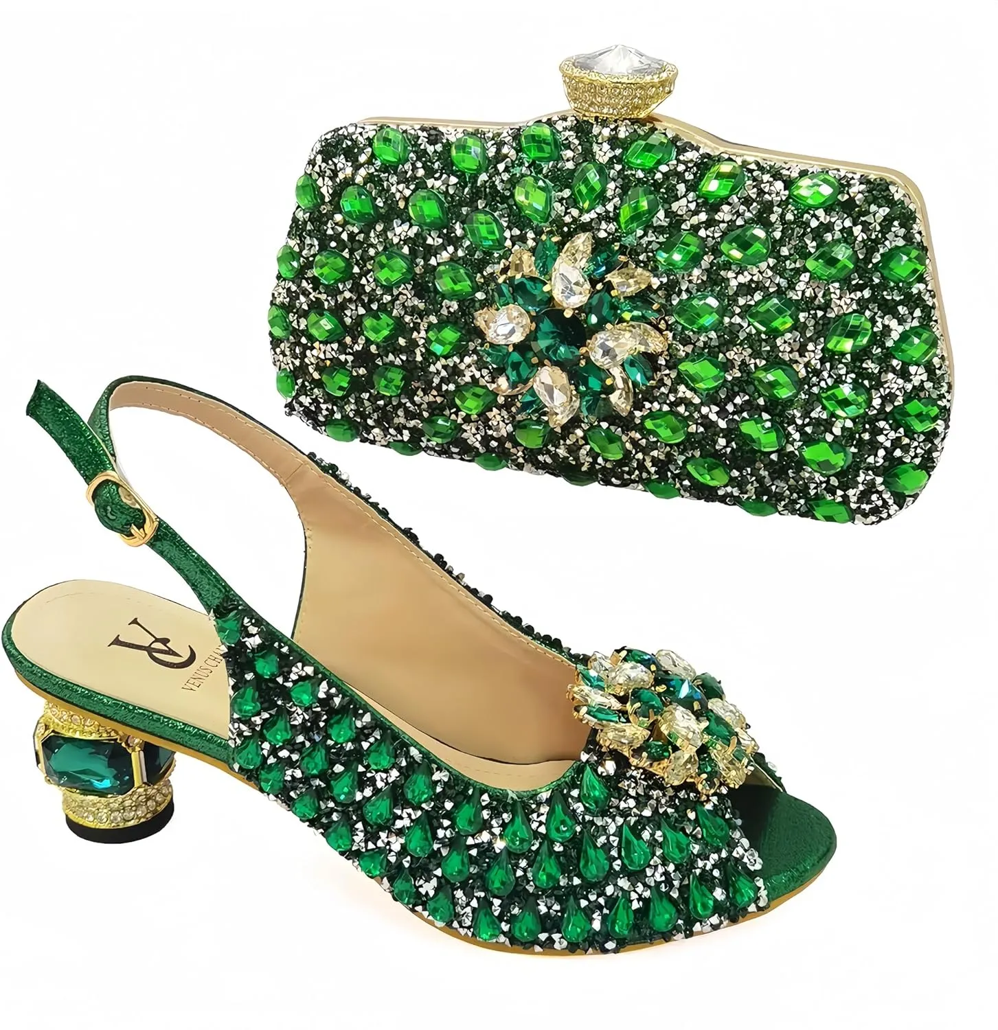 Women Shoes and Bag Set for Evening Party Wedding Italian Style High Heels African Decorated with Rhinestone