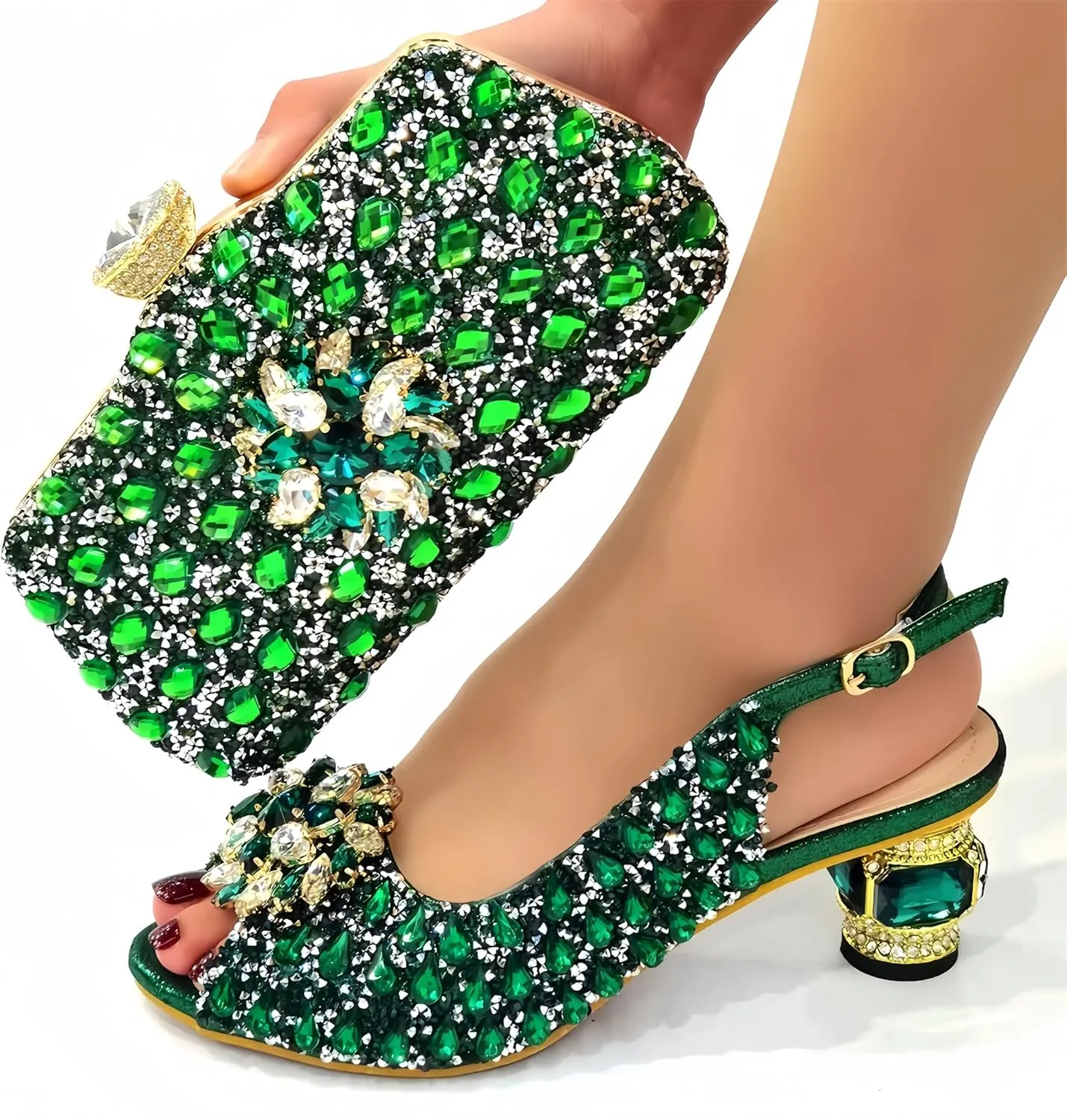 Women Shoes and Bag Set for Evening Party Wedding Italian Style High Heels African Decorated with Rhinestone