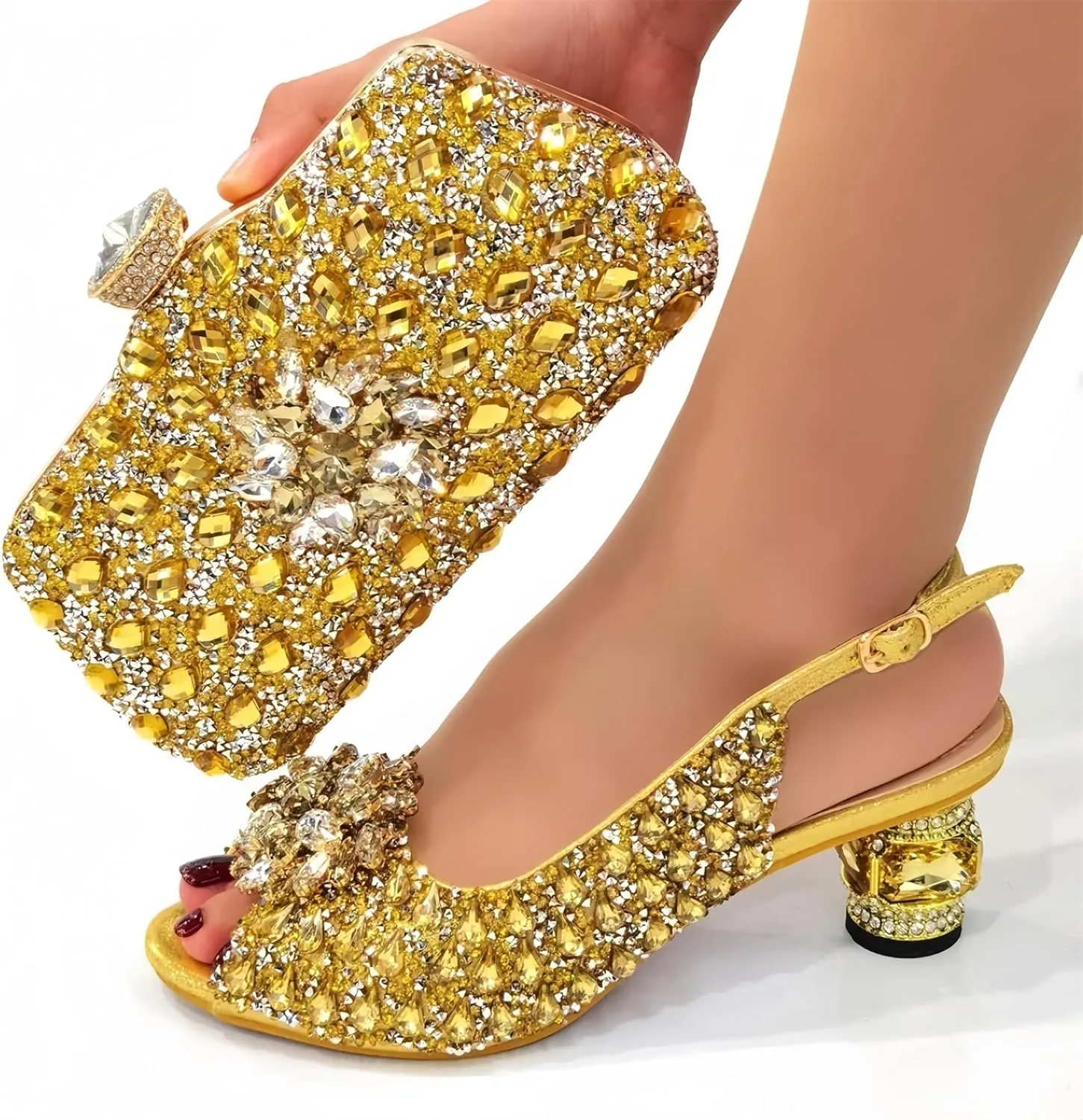 Women Shoes and Bag Set for Evening Party Wedding Italian Style High Heels African Decorated with Rhinestone