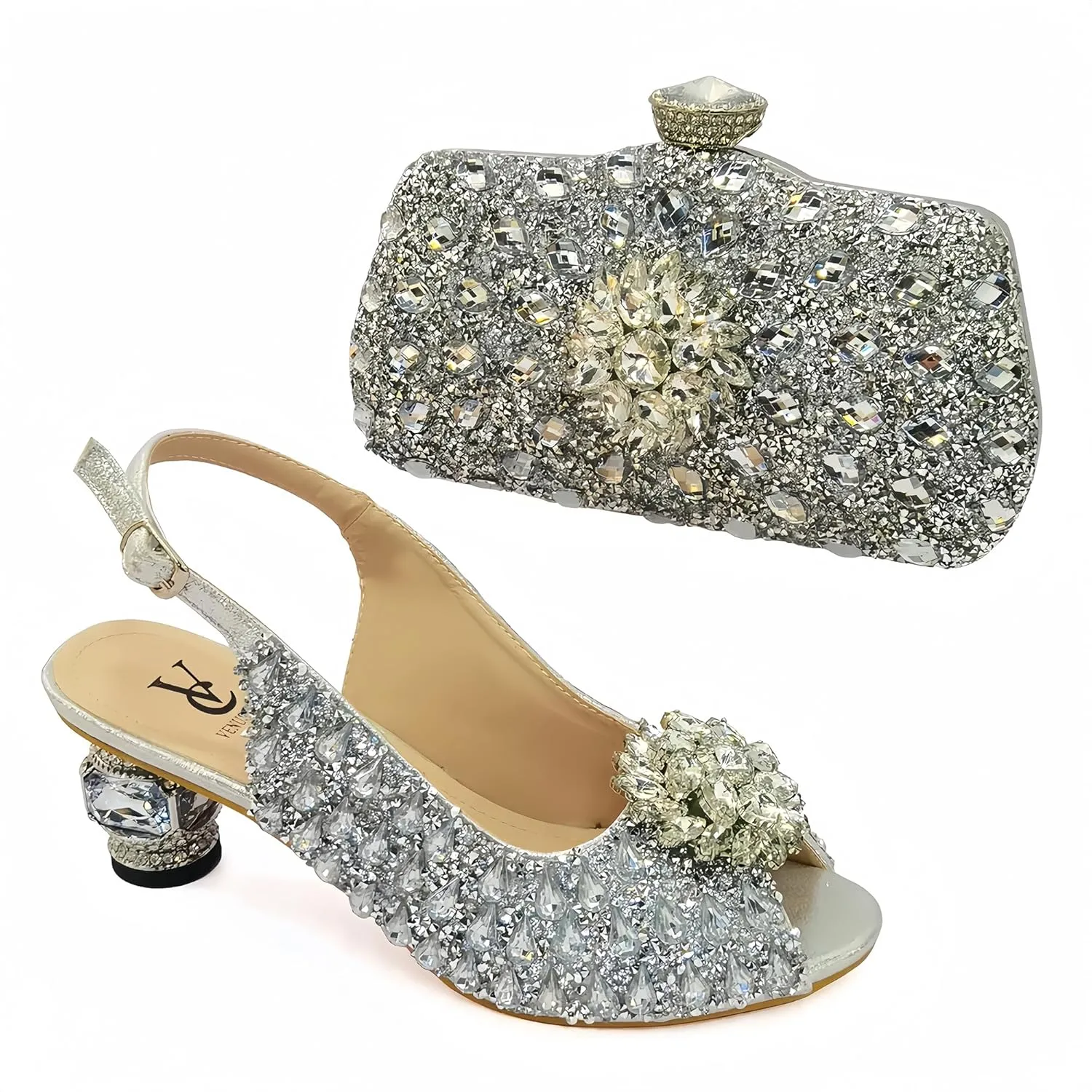 Women Shoes and Bag Set for Evening Party Wedding Italian Style High Heels African Decorated with Rhinestone