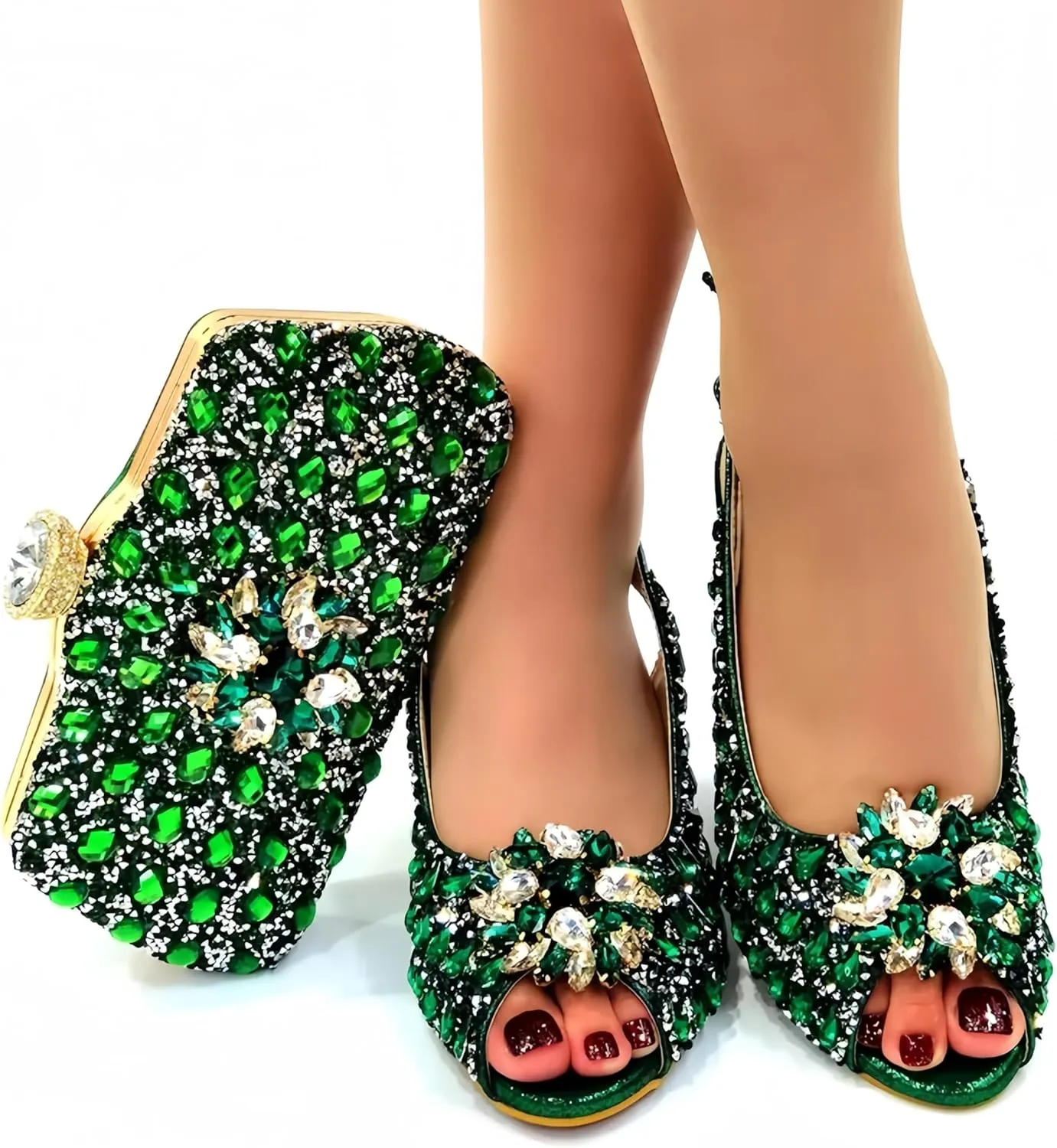 Women Shoes and Bag Set for Evening Party Wedding Italian Style High Heels African Decorated with Rhinestone