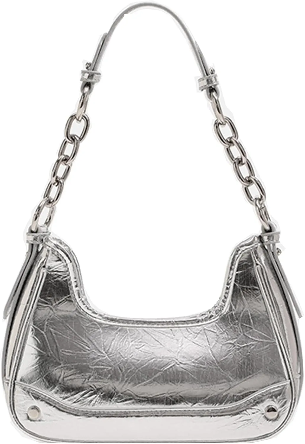 Women Silver Metallic Crescent Bag Y2K PU Leather Clutch Handbags Casual Hobo Shoulder Bag, Two Straps