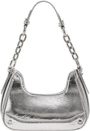 Women Silver Metallic Crescent Bag Y2K PU Leather Clutch Handbags Casual Hobo Shoulder Bag, Two Straps
