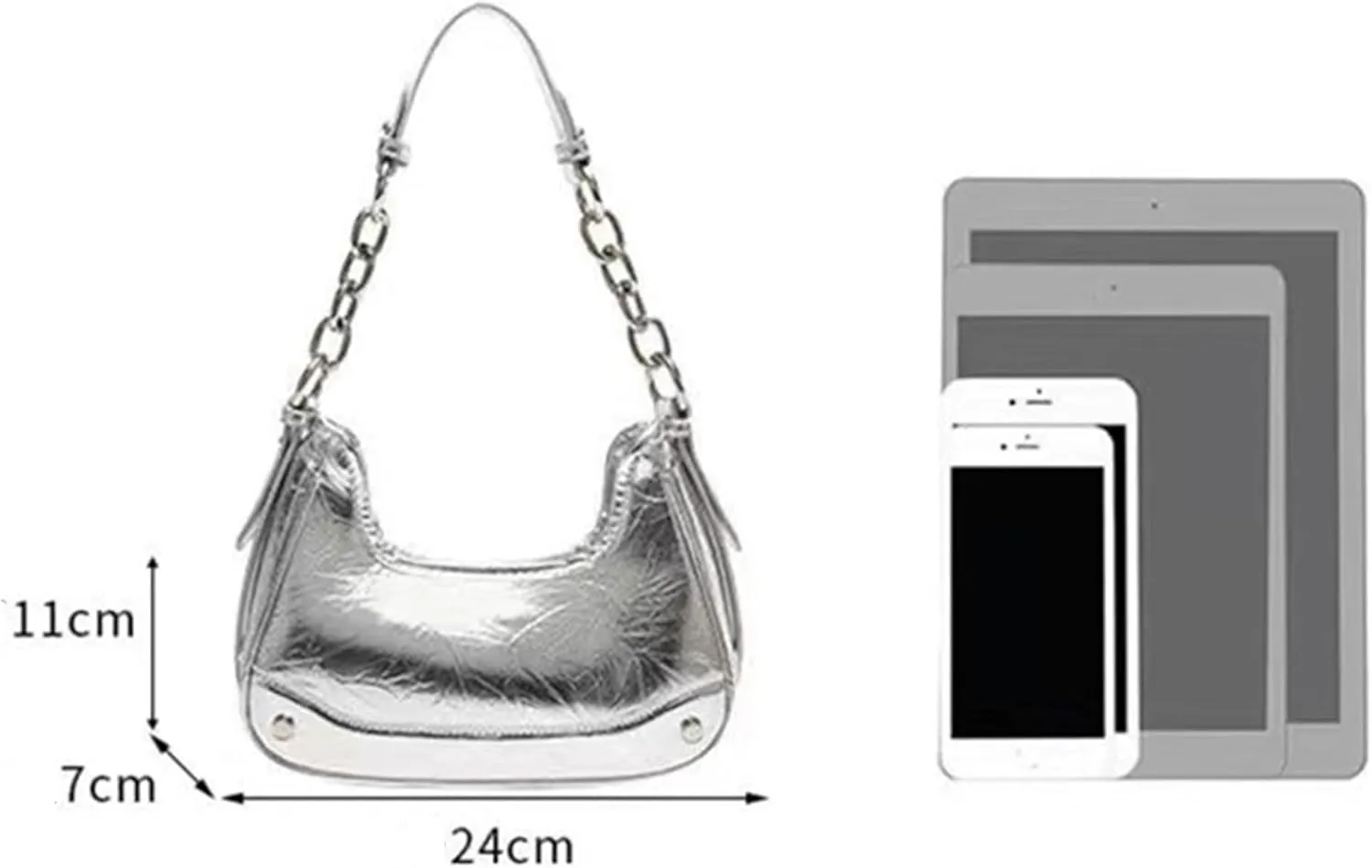 Women Silver Metallic Crescent Bag Y2K PU Leather Clutch Handbags Casual Hobo Shoulder Bag, Two Straps
