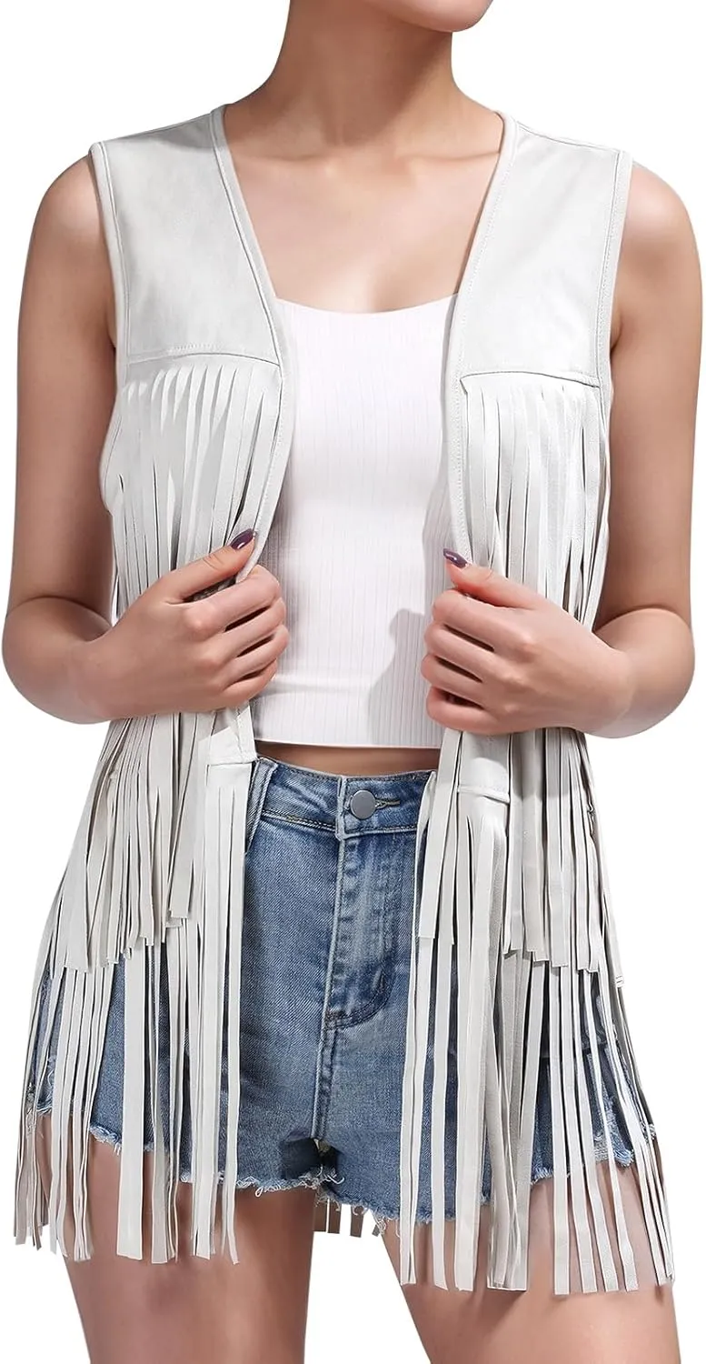 Women Western Black Fringe Vest Brown Cowgirl Sleeveless Faux Suede Tassel Vest 70s