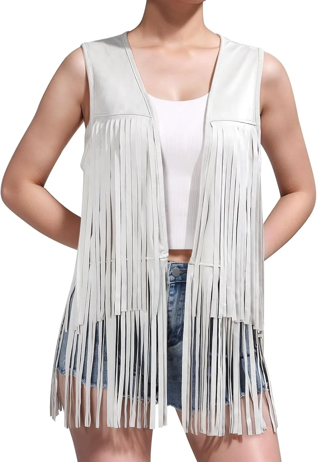 Women Western Black Fringe Vest Brown Cowgirl Sleeveless Faux Suede Tassel Vest 70s