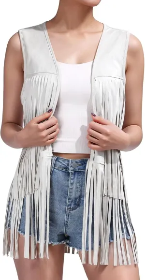 Women Western Black Fringe Vest Brown Cowgirl Sleeveless Faux Suede Tassel Vest 70s