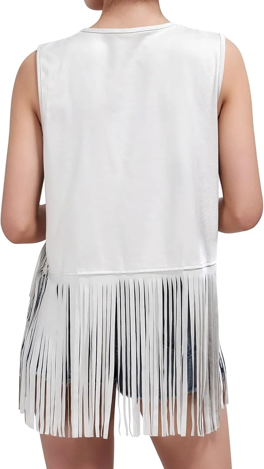 Women Western Black Fringe Vest Brown Cowgirl Sleeveless Faux Suede Tassel Vest 70s