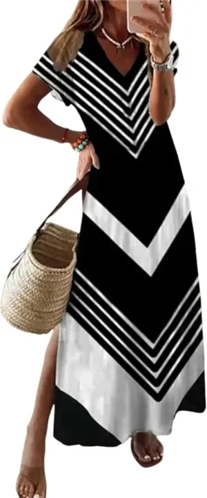Women's Black and White Short Sleeve Long Dress Geometric Print Colorblock Side Slit Maxi Dress Summer Shift Dresses