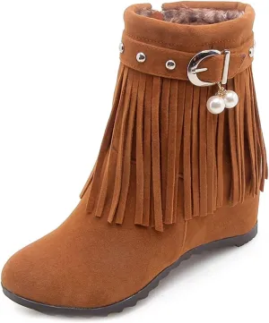 Women's Bohemian Fringe Mid Wedge Ankle Boots Suede Round Toe Zipper Booties Exotic Tassel Short Boot