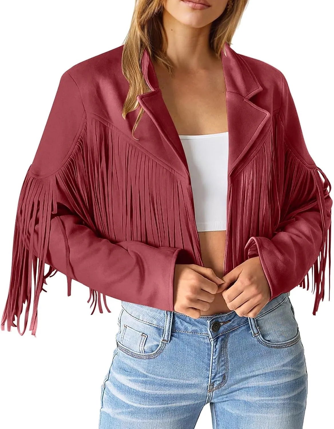 Women's Casual Fringe Jacket Lapel Collar Long Sleeve Classic Fashion Faux Suede Shacket Jackets Vintage Outwear Trendy 2025