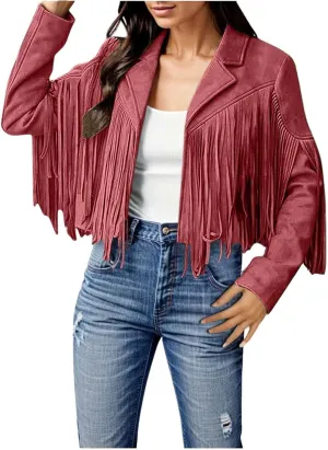 Women's Casual Fringe Jacket Lapel Collar Long Sleeve Classic Fashion Faux Suede Shacket Jackets Vintage Outwear Trendy 2025