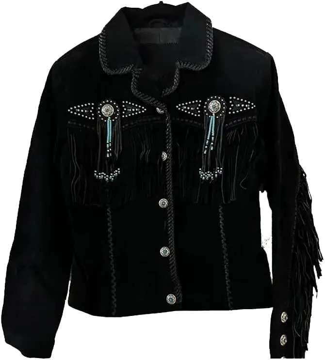 Women's Cowgirl Lainey Wilson Suede Fringe Leather Jacket - Traditional Native American Western Fringe Leather Jacket