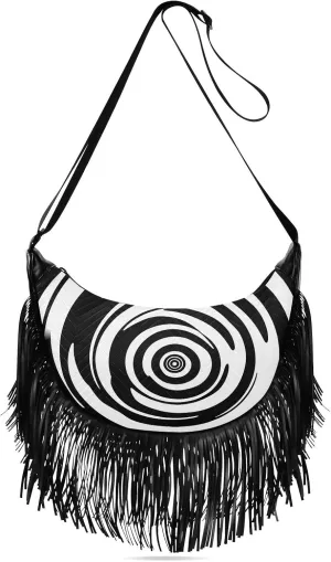 Women's Crossbody Handbags Black White Concentric Circles Background Fringe Tassel Cross Body Bag Shoulder Handbag