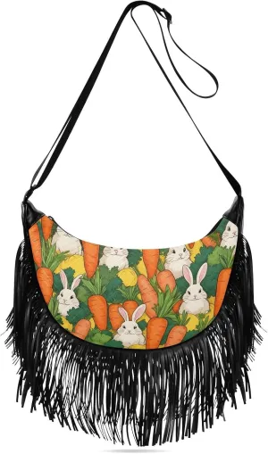 Women's Crossbody Handbags White Rabbits and Orange Carrots Fringe Tassel Cross Body Bag Shoulder Handbag