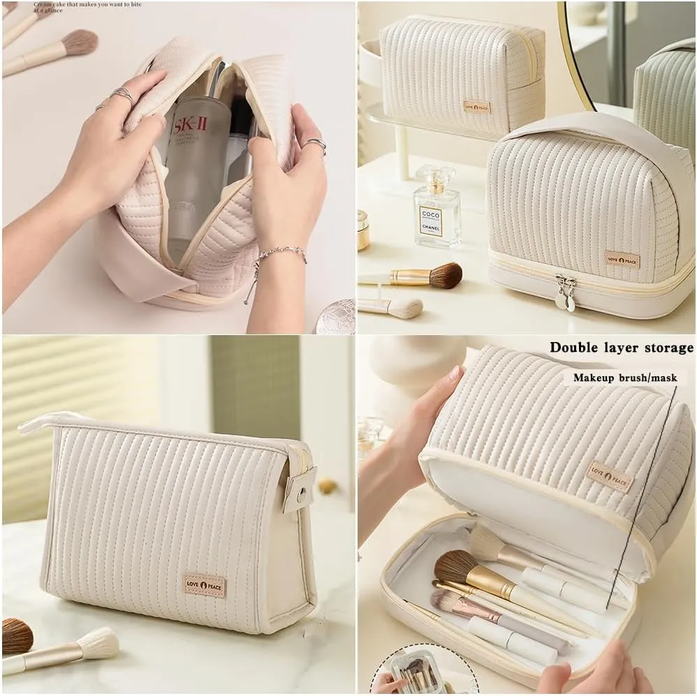Women's Cute Cosmetic Bags Travel Toiletry Bag Waterproof Leather Cosmetic Bag Set with Handle Zipper Portable Makeup Bags Storage Bag On-the-Go Cosmetic Bag（Brown）