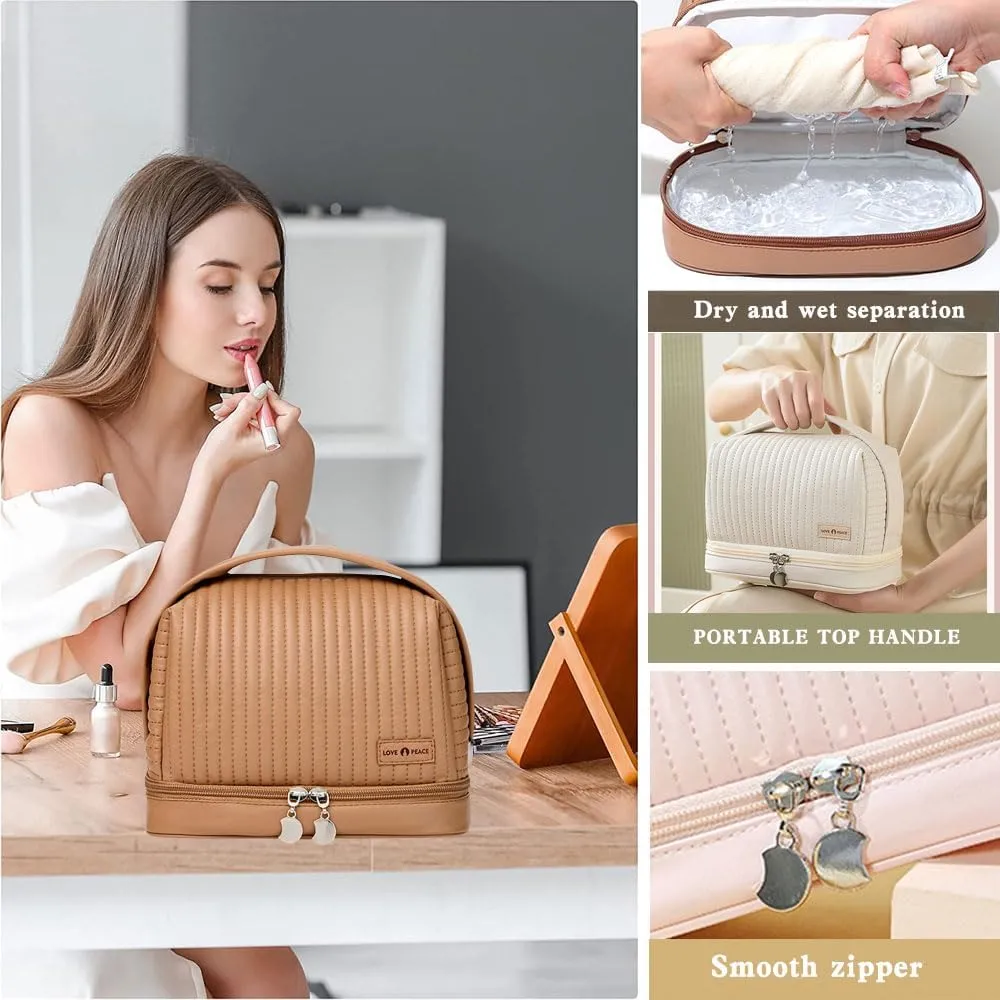 Women's Cute Cosmetic Bags Travel Toiletry Bag Waterproof Leather Cosmetic Bag Set with Handle Zipper Portable Makeup Bags Storage Bag On-the-Go Cosmetic Bag（Brown）