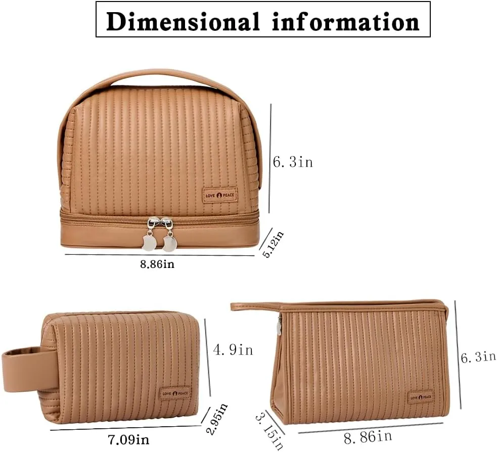 Women's Cute Cosmetic Bags Travel Toiletry Bag Waterproof Leather Cosmetic Bag Set with Handle Zipper Portable Makeup Bags Storage Bag On-the-Go Cosmetic Bag（Brown）