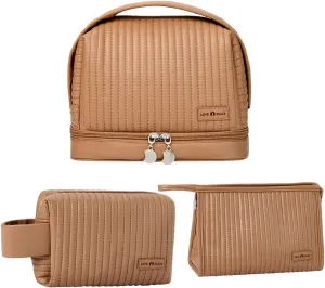Women's Cute Cosmetic Bags Travel Toiletry Bag Waterproof Leather Cosmetic Bag Set with Handle Zipper Portable Makeup Bags Storage Bag On-the-Go Cosmetic Bag（Brown）