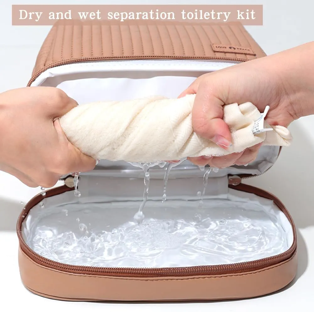 Women's Cute Cosmetic Bags Travel Toiletry Bag Waterproof Leather Cosmetic Bag Set with Handle Zipper Portable Makeup Bags Storage Bag On-the-Go Cosmetic Bag（Brown）