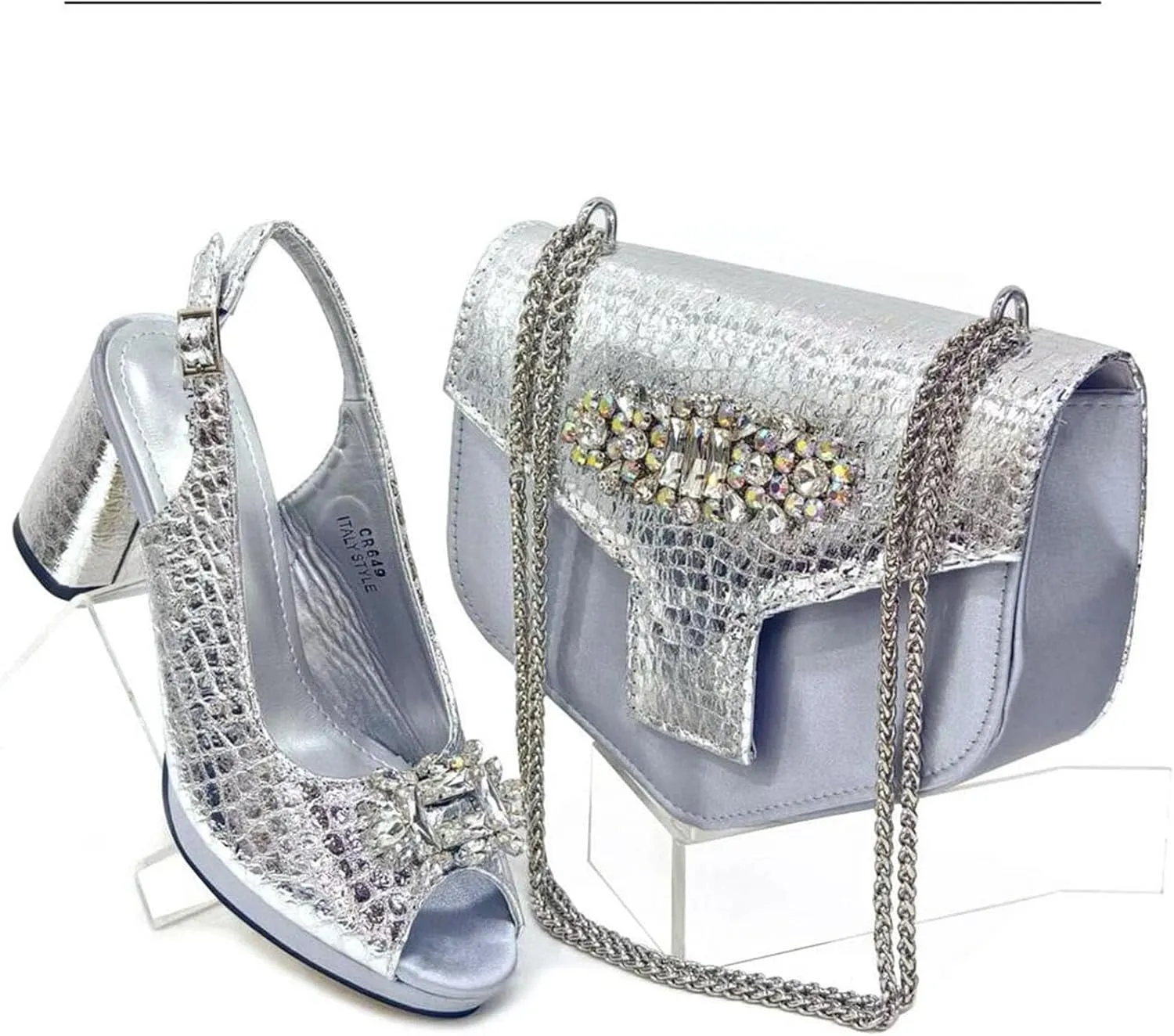 Womens Designer Rhinestone Decorated Party Shoes and Shoulder Bag Set Comfortable High Heels for Special Occasions