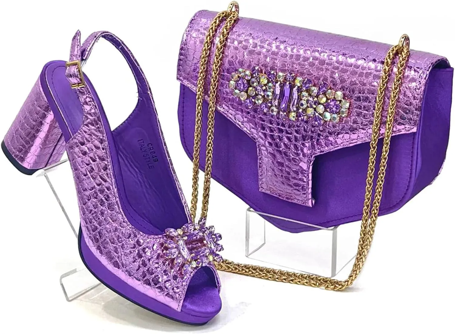 Womens Designer Rhinestone Decorated Party Shoes and Shoulder Bag Set Comfortable High Heels for Special Occasions