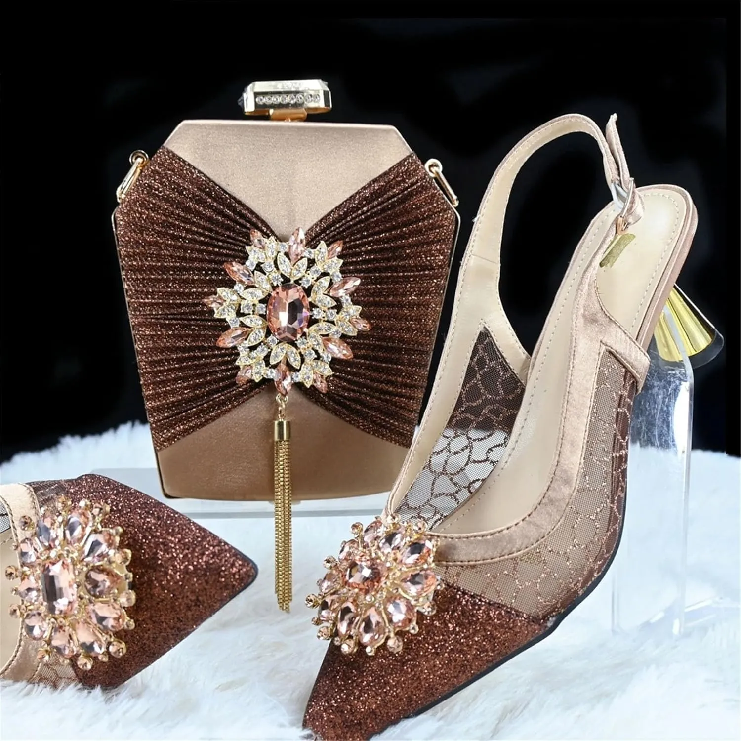 Women’s Elegant Crystal Embellished Wedding Shoes and Clutch Set Luxury Heels for Formal Dinners and Receptions