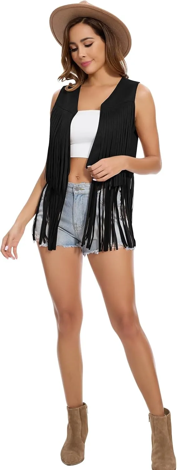 Women's Fringe Vest 60s 70s Hippie Vest Sleeveless Cowgirl Western Faux Suede Tassel Leather Jacket Hippie Party