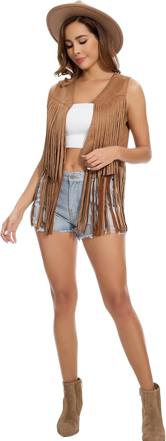 Women's Fringe Vest 60s 70s Hippie Vest Sleeveless Cowgirl Western Faux Suede Tassel Leather Jacket Hippie Party