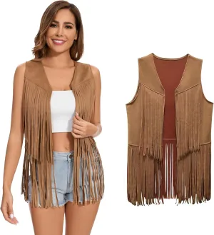 Women's Fringe Vest 60s 70s Hippie Vest Sleeveless Cowgirl Western Faux Suede Tassel Leather Jacket Hippie Party