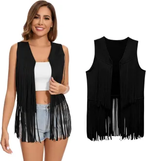 Women's Fringe Vest 60s 70s Hippie Vest Sleeveless Cowgirl Western Faux Suede Tassel Leather Jacket Hippie Party