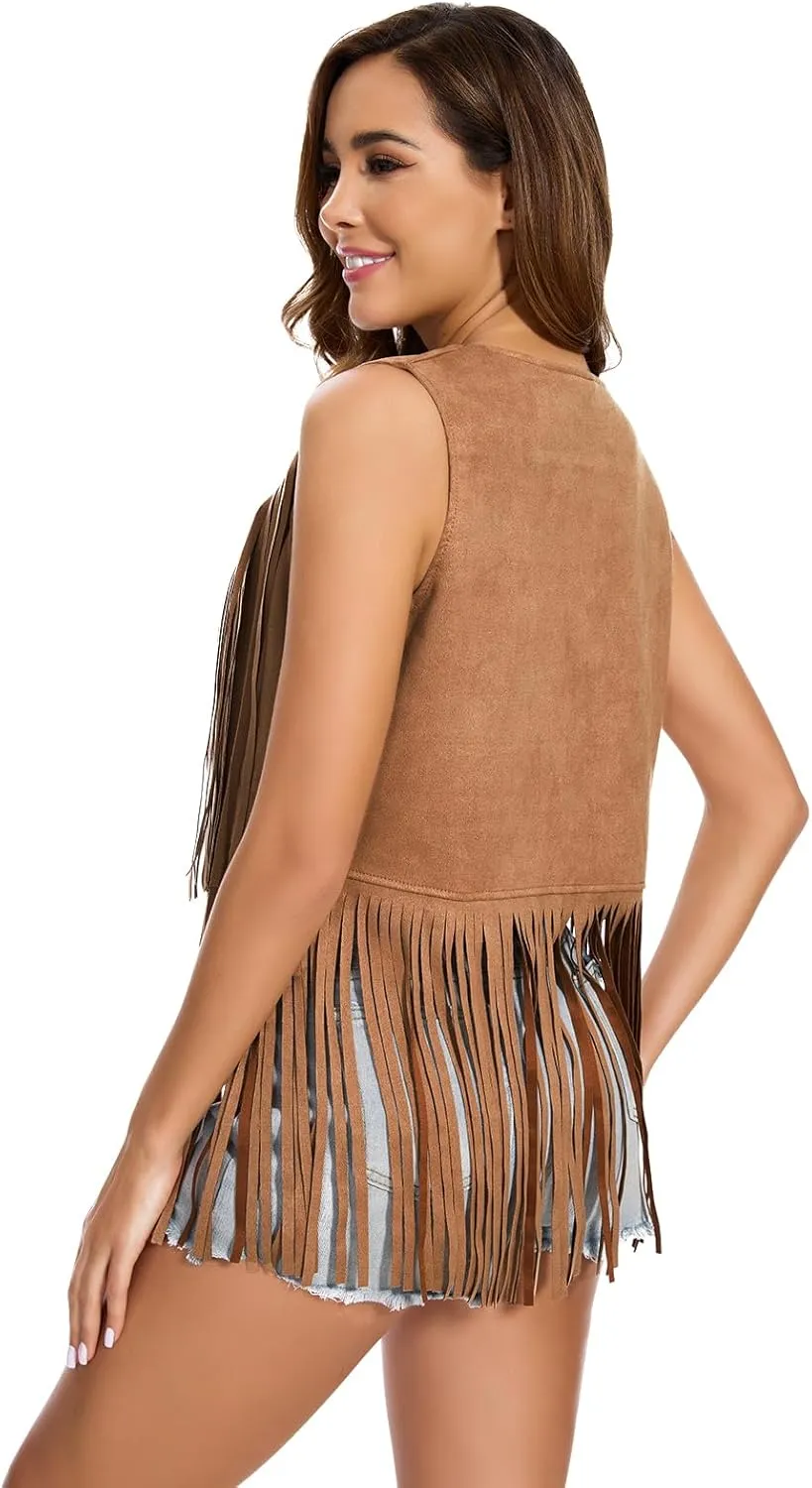 Women's Fringe Vest 60s 70s Hippie Vest Sleeveless Cowgirl Western Faux Suede Tassel Leather Jacket Hippie Party