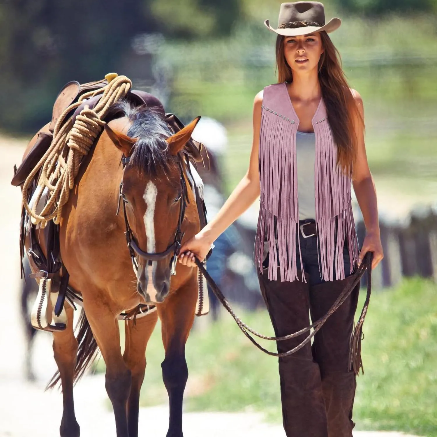 Women's Fringe Vest 60s 70s Hippie Vest Sleeveless Cowgirl Western Faux Suede Tassel Leather Jacket Party Halloween