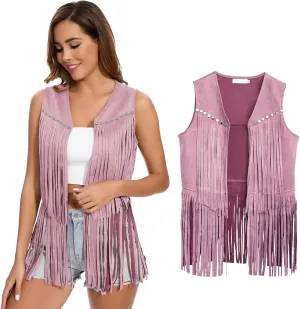 Women's Fringe Vest 60s 70s Hippie Vest Sleeveless Cowgirl Western Faux Suede Tassel Leather Jacket Party Halloween