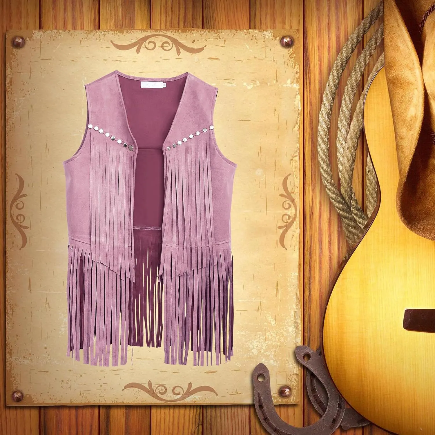 Women's Fringe Vest 60s 70s Hippie Vest Sleeveless Cowgirl Western Faux Suede Tassel Leather Jacket Party Halloween