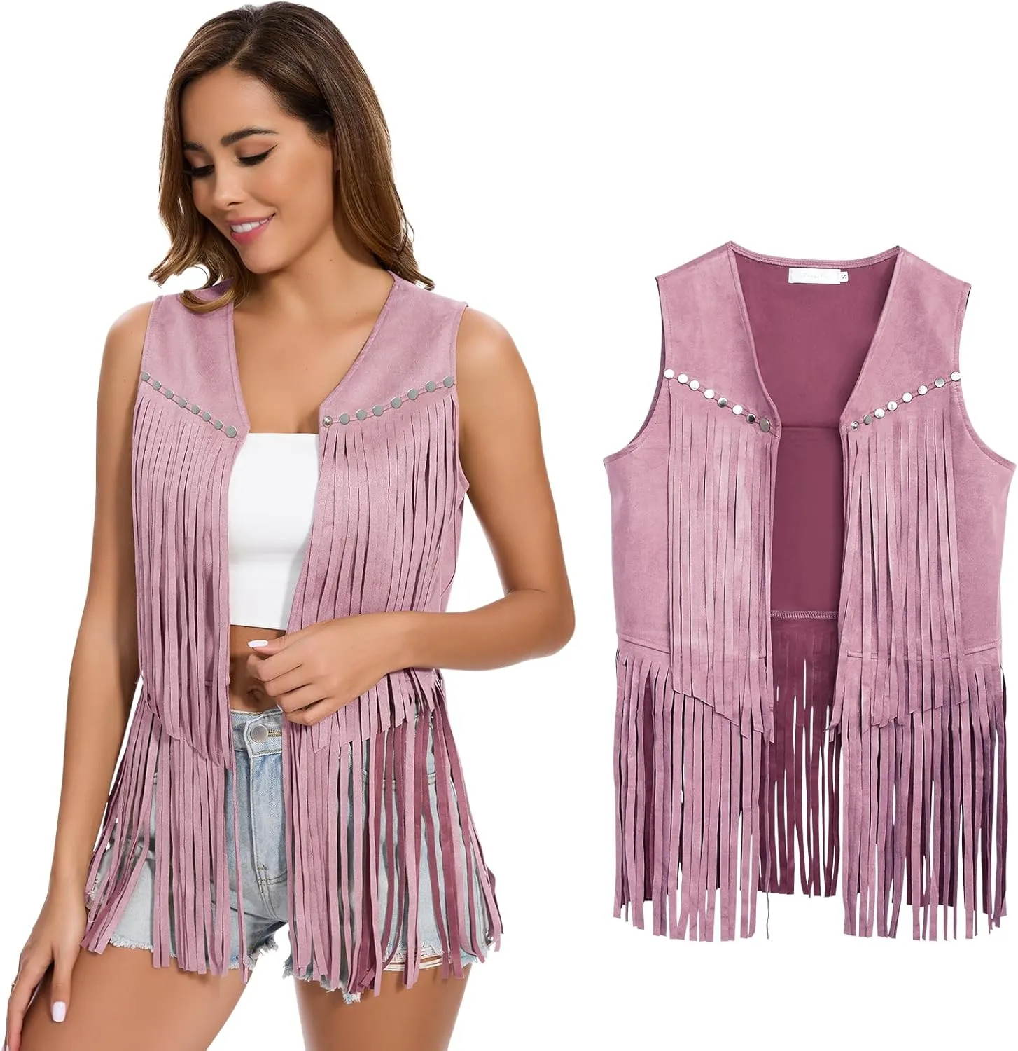 Women's Fringe Vest 60s 70s Hippie Vest Sleeveless Cowgirl Western Faux Suede Tassel Leather Jacket Party Halloween