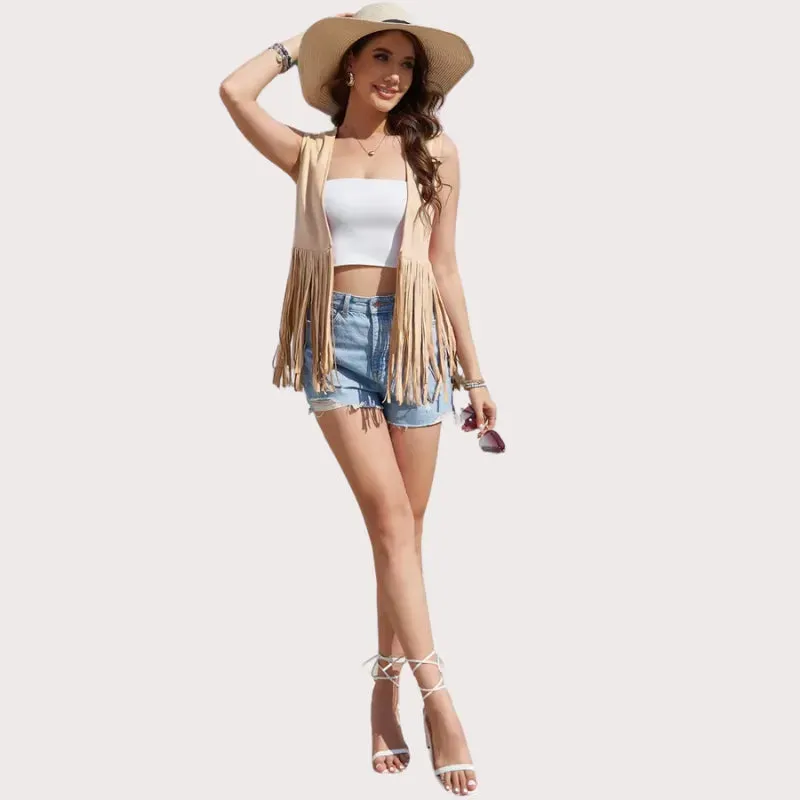 Women's Fringe Vest 70s Suede Sleeveless Fringe Jacket