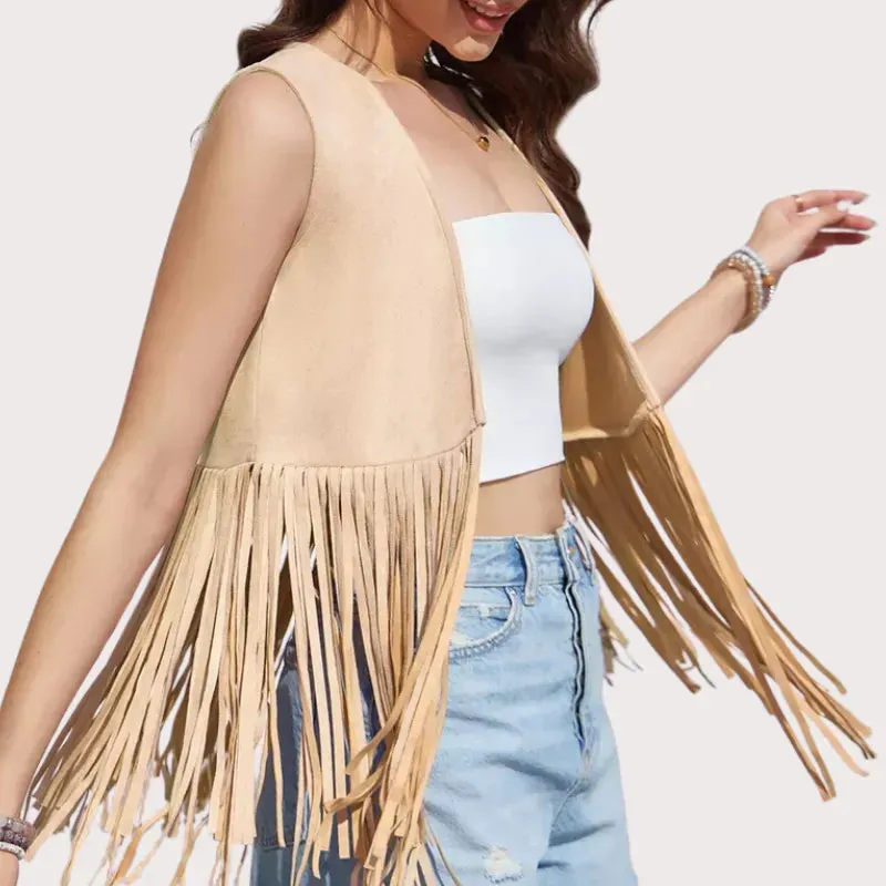 Women's Fringe Vest 70s Suede Sleeveless Fringe Jacket