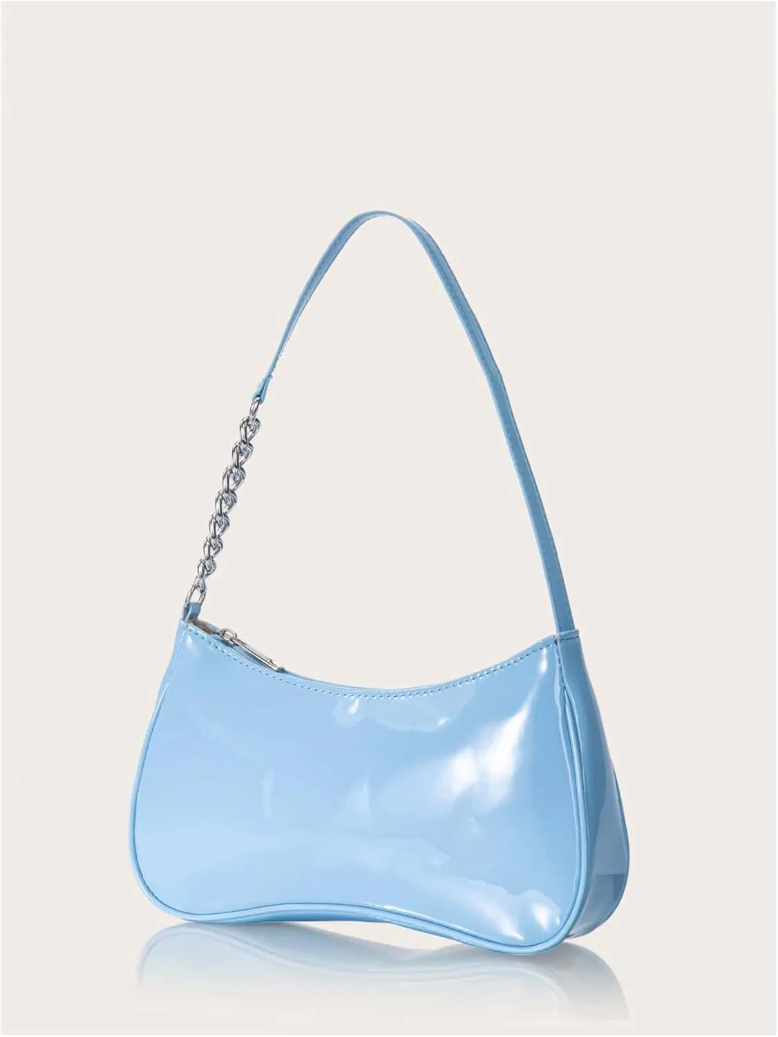 Women's Glossy PU Leather Shoulder Bags Chain Strap Zipper Small Underarm Bags Purse