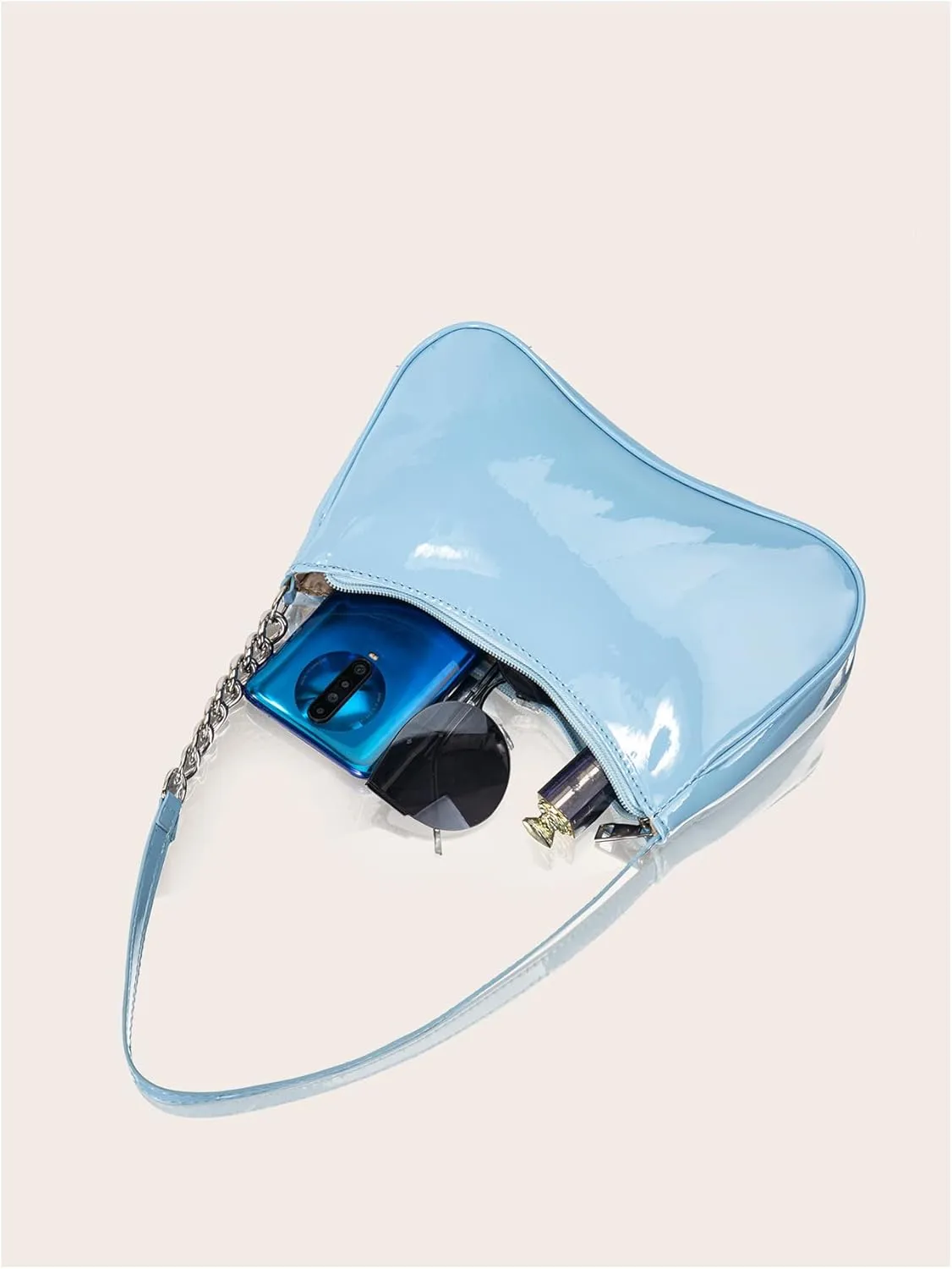Women's Glossy PU Leather Shoulder Bags Chain Strap Zipper Small Underarm Bags Purse