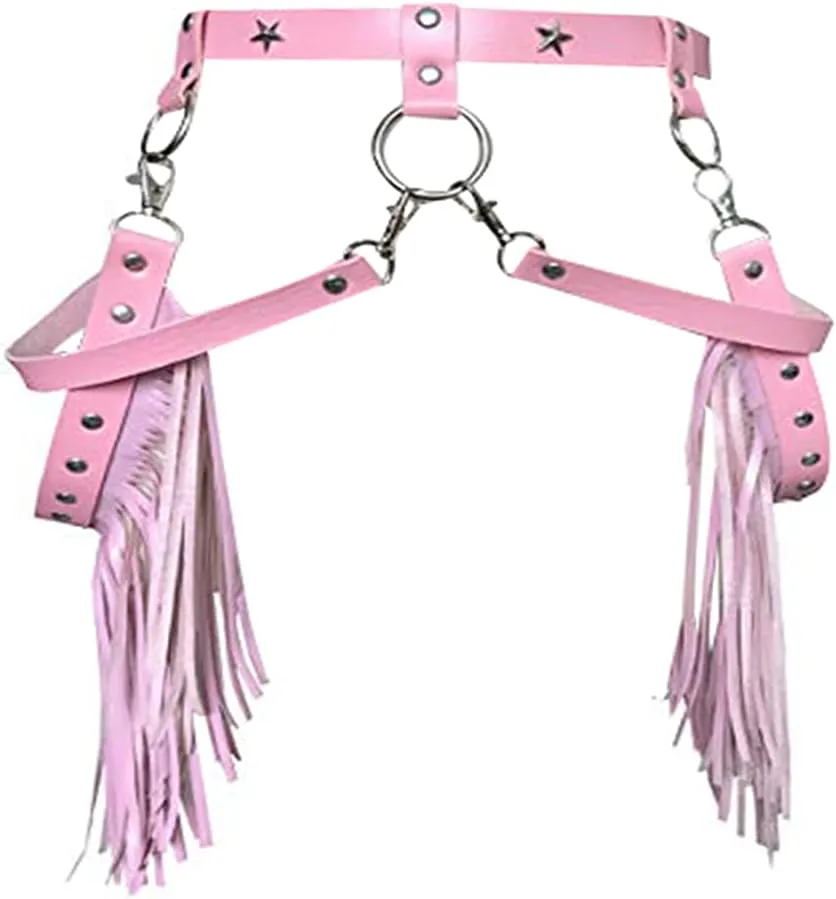 Women’s Gothic Leather Tassel Body Leg Harness Garter Waist Belt Fringe Skirt for Music Festival Dance Party