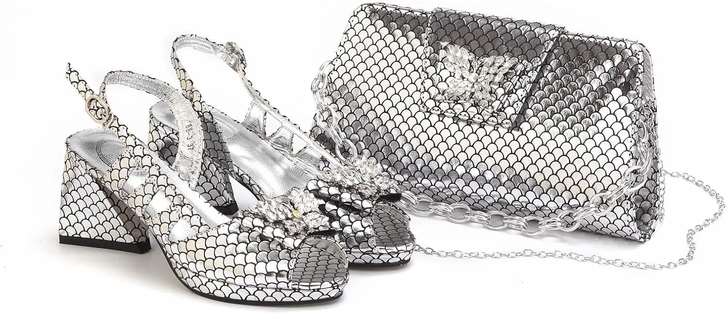 Womens Italian Inspired Crystal Decorated Wedding Shoes and Shoulder Bag Set Pointed Toe High Heels for Bride